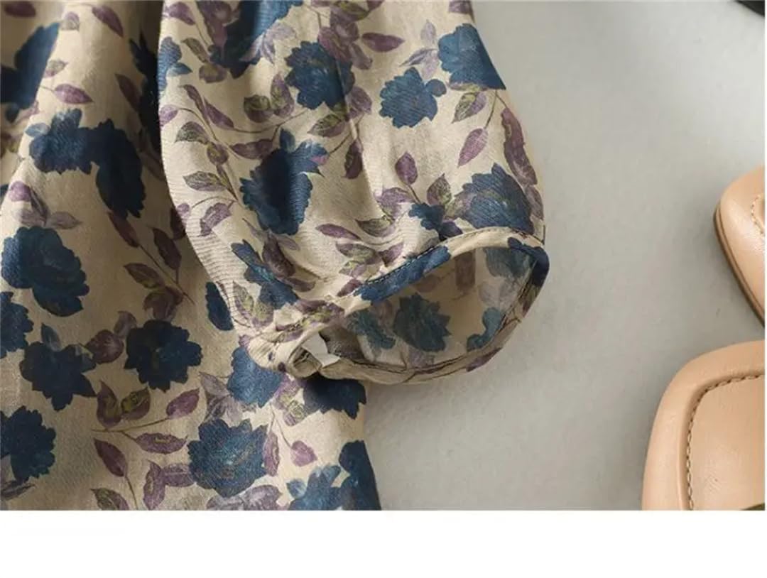 Damski niebieski kwiatowy nadruk lniany okrągły dekolt latarnia rękaw T-shirt luźna bluzka koszula topy