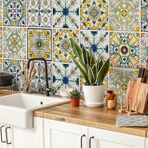 RE-COVERTILES – Tegelstickers Badkamer en Keuken 24 Pcs 10×10 cm – PS00078 Wanddecoratie van PVC Waterbestendig Tegels Mozaïek Cementtegels in Azulejos-stijl
