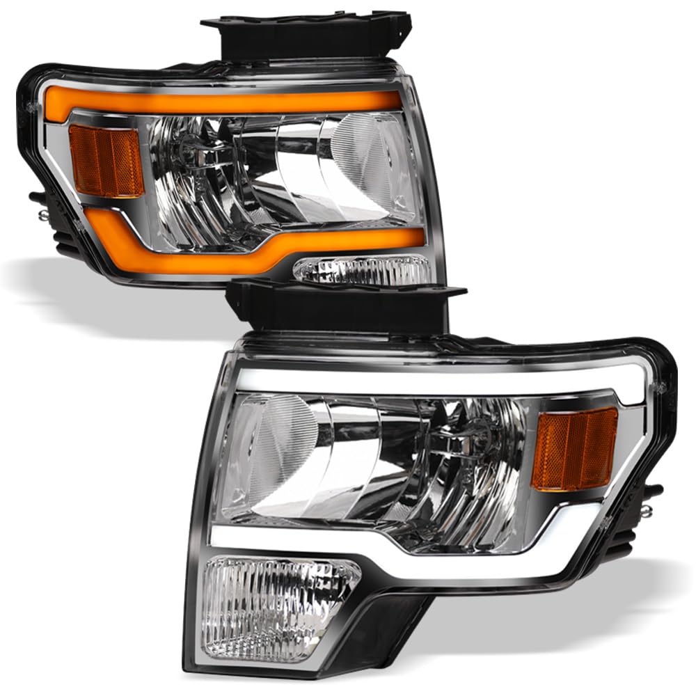 TLAPS 7422438540508 Compatible With 2009-2014 Ford F150 Switchback Sequential LED Strip Bar Chrome Housing Headlights With Amber Reflector