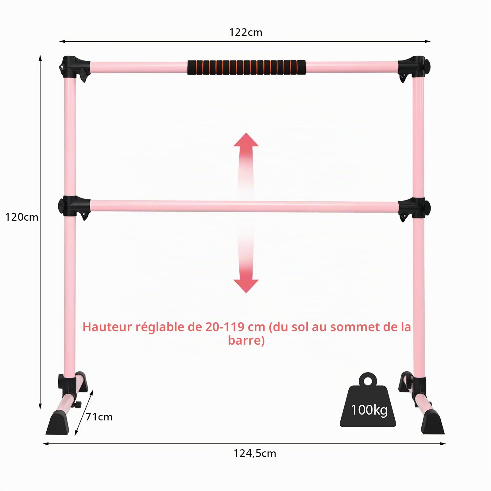 FANTASK Ballettstange Barre de Ballet Enfants et Adultes, Rose, 123 x 70 x 120cm