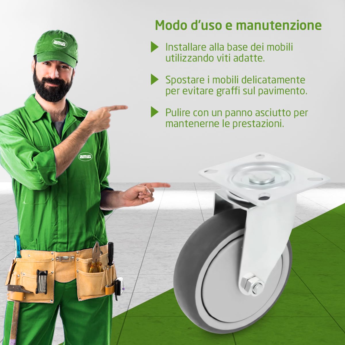 Amig - Set 4 Ruote per Mobili | Ø 100 mm | Ruote Girevoli con Piastra di Montaggio | Peso Massimo 110 Kg | Per Spostare Mobili Pesanti | Cuscinetti a Rulli | Nucleo in Plastica | Gomma Grigia