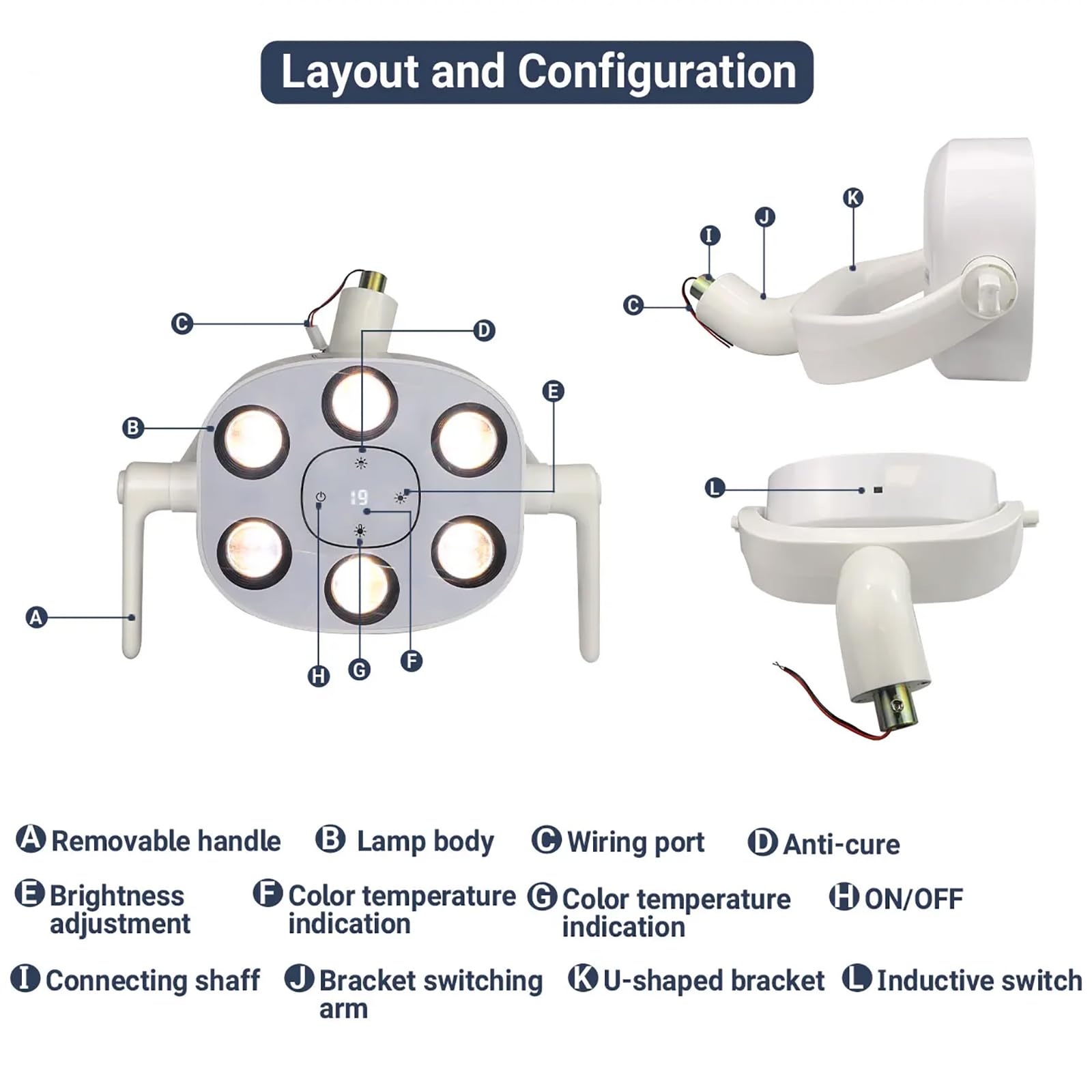 Lampada Chirurgica a LED Senza Ombre, Lampada per Visita Odontoiatrica con 6 Lampadine a LED, Luce Gialla/Bianca Commutabile E Temperatura di Colore Regolabile, Luce Soffusa, per Poltrone