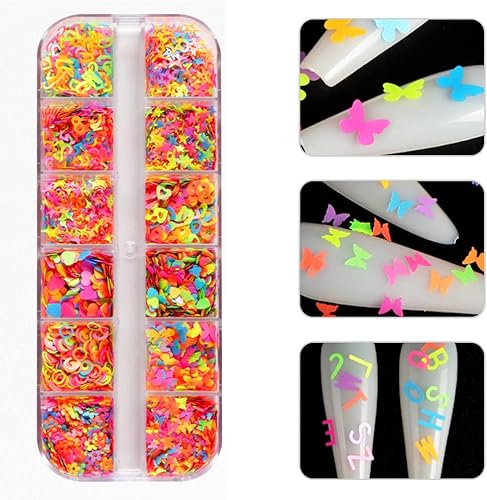 Miniatura 4 de BAIWANLCH 1 caja de uñas de lentejuelas fluorescentes para uñas, residuos de uñas con purpurina de uñas con 12 patrones para mujeres, diseño de arte