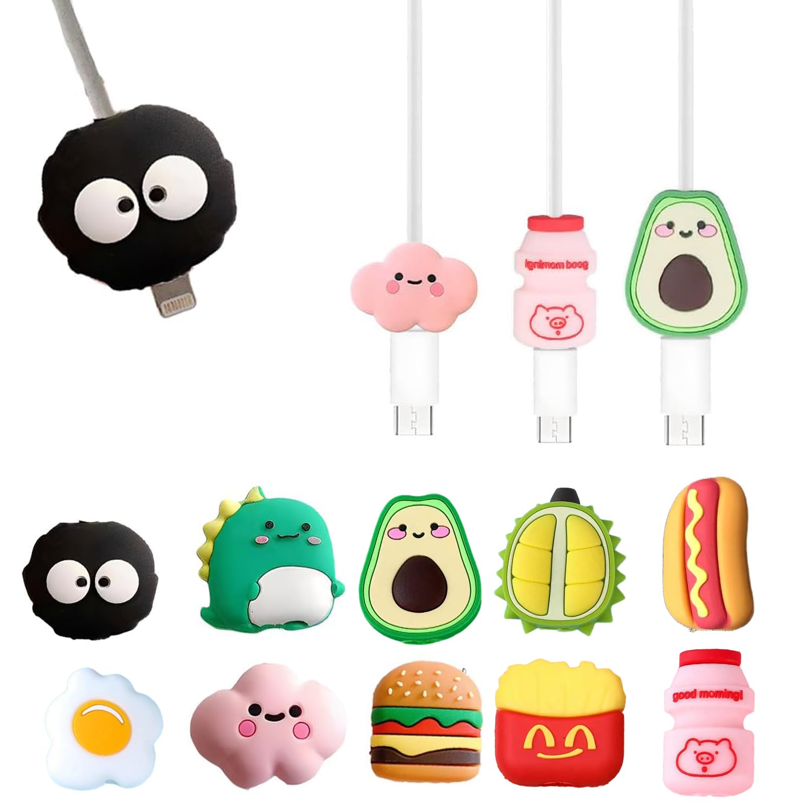 10 Pezzi Protezione Cavo Caricabatterie, Copri Cavo USB in Silicone a Forma di Cartone Animato (Avocado, Hamburger, Patatine), Proteggi Cavo Anti-Rottura Universale per Smartphone e Tablet