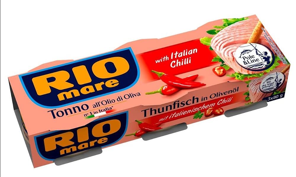 Rio Mare Atún en Aceite de Oliva con Chile Italiano | Con Peperoncino Italiano | Paquete de 3 | N.º 1 en Italia | 3 x 80 g | Atún favorito de Italia con un toque picante