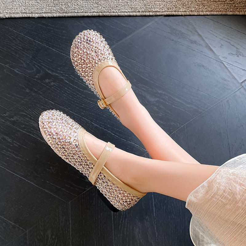 Women's Ballet Flats with Crystal Decor - Breathable Mesh Mary Jane Shoes, Lightweight Round Toe Casual Flats for Women (Black, Beige)3