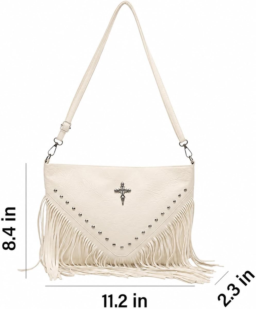 Black Fringe Crossbody Purse For Women Gothic Western Studded Tassel Bag