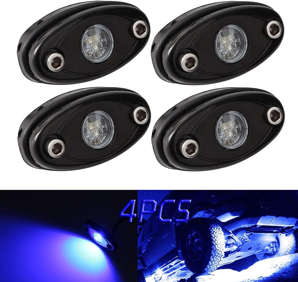 LED Rock Lights Blue 4Pods for JK XJ UTV ATV TJ RZR Offroad Truck SUV Car Boat Waterproof High Power Underbody Glow Neon Trail Rig Lamps Exterior Shockproof