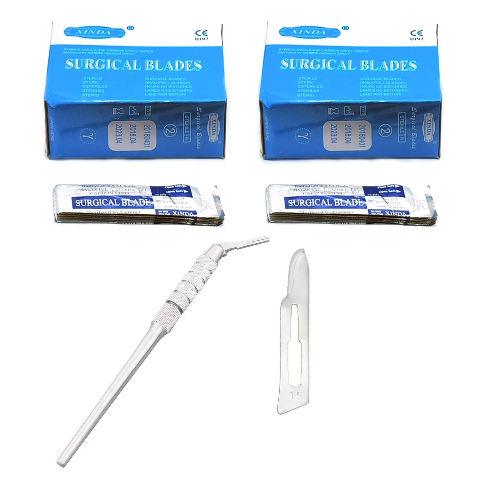 AAProTools Round Pattern Adjustable 7 Ways Scalpel Handle #3 + 200 Sterile Surgi Blades #15