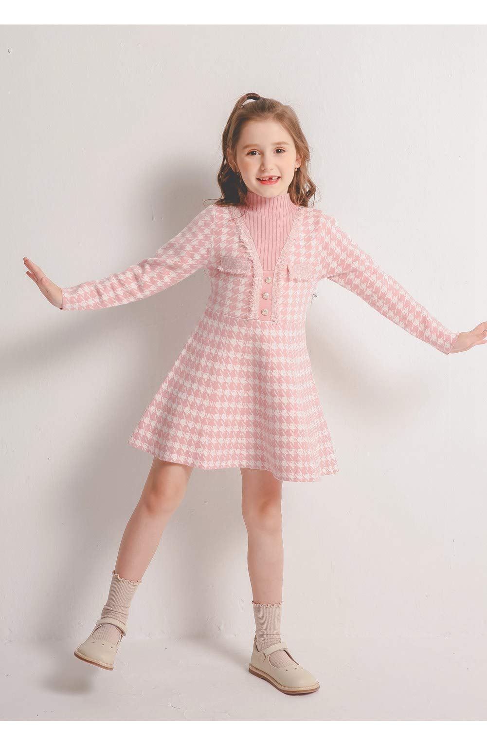 SMILING PINKER Vestido de manga larga para niñas, vestido de punto de pata de gallo para invierno, cuello alto
