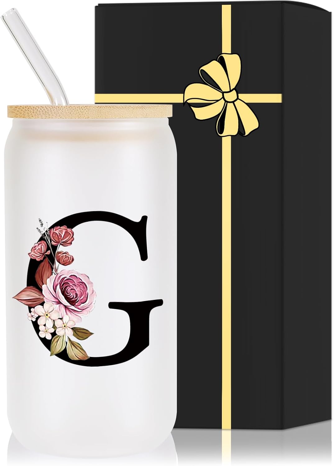 Monogrammed Glass Drinking Cup With Lid Straw Happy Birthday for Adult Men Women Who Have Everything Want Nothing Dad Mom Guy People Couples Parents Christmas Cool Funny Unique Special Gifts Present,G Letter G - Image 1 of 6
