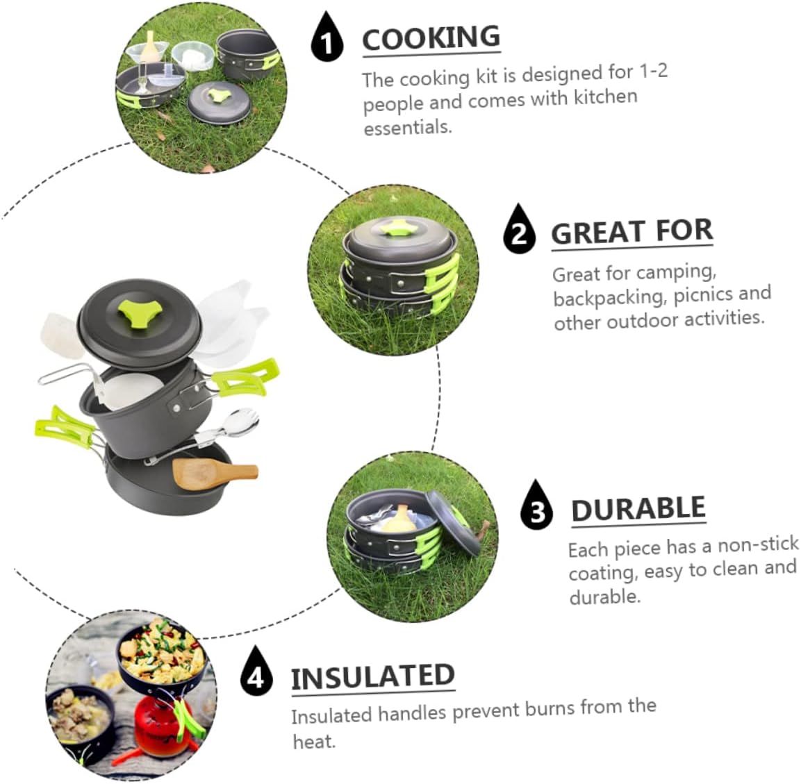 Kisangel Lightweight Camping Cookware Portable Outdoor Cooking Utensils with Insulated Handles Non Stick Design