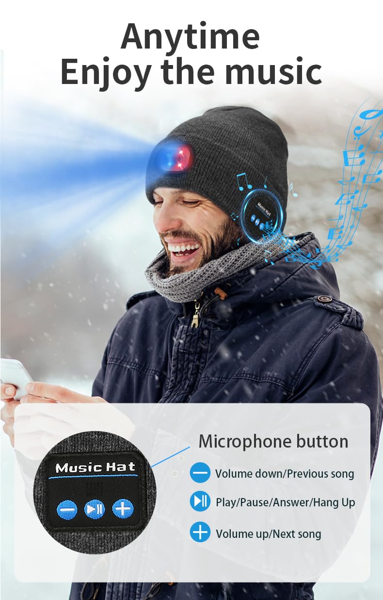 Gorro Bluetooth con luz LED, recargable por USB, gorro de punto linterna frontal manos libres