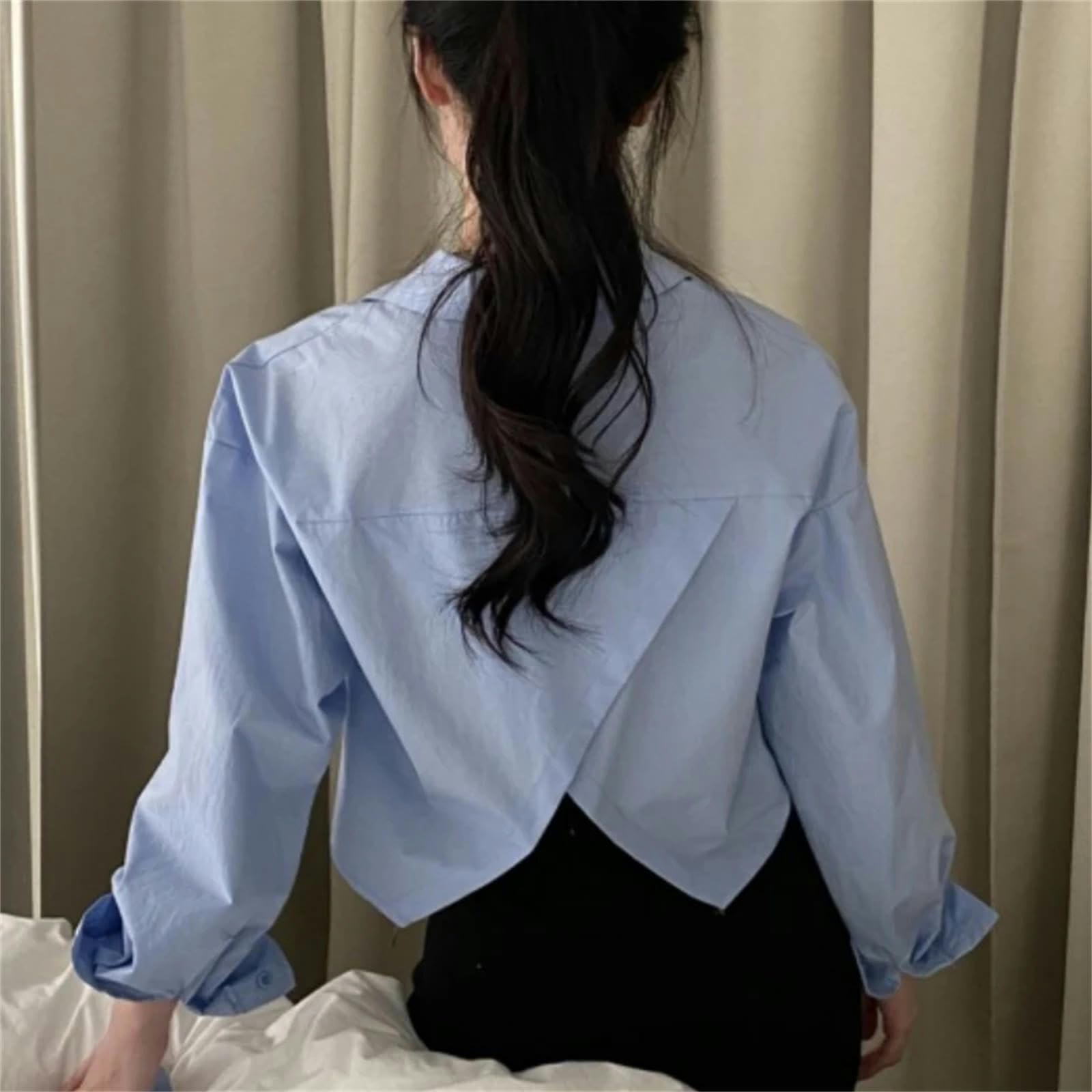 Camicia Donna Elegante Camicie Donna Semplice Baggy Solido all-Match Manica Lunga Chic Crop Tops Elegante Tempo Libero-Verde-XXXL