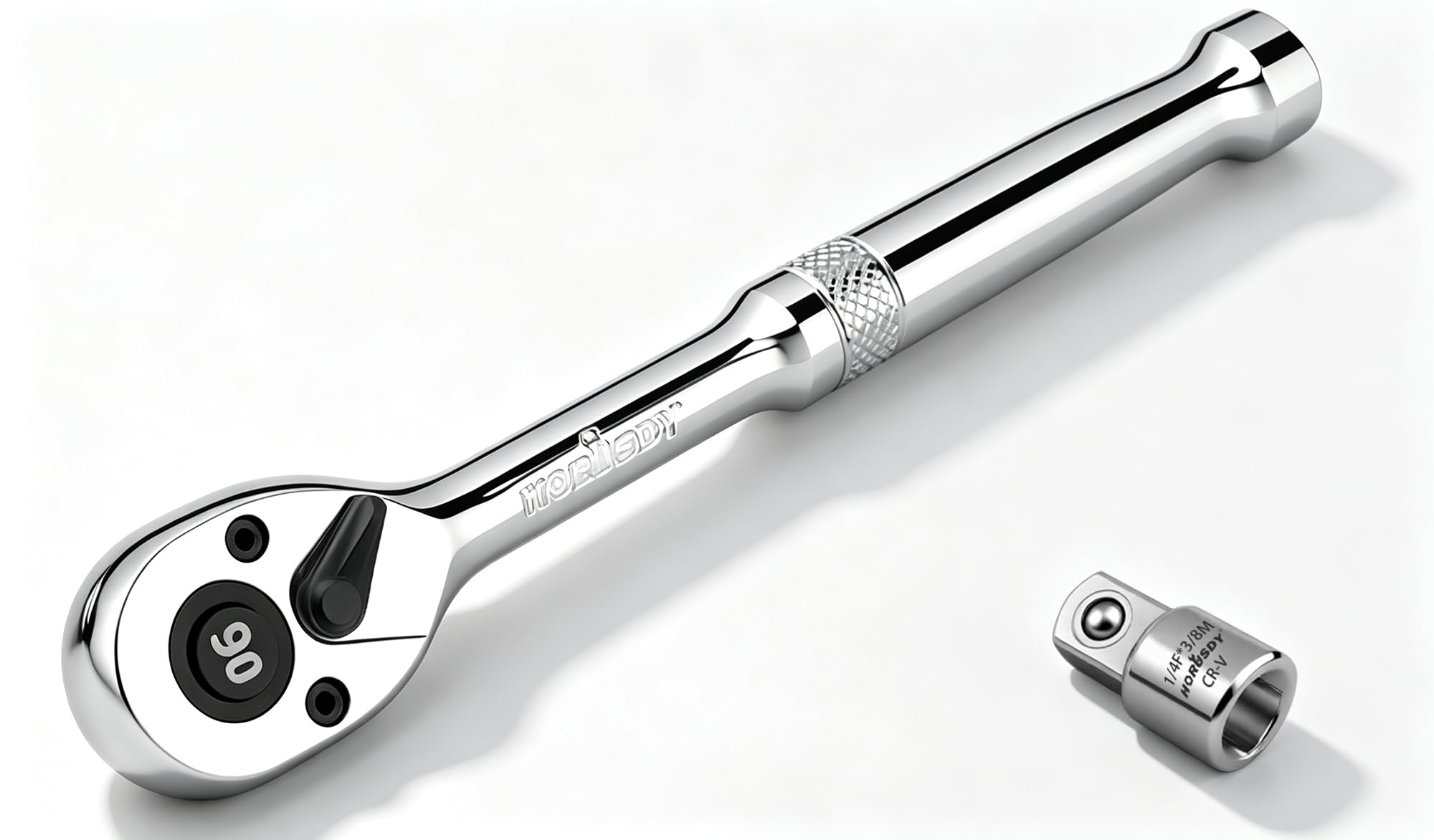 HORUSDY 1/4" Drive 90-Tooth Quick-Release Ratchet Handle with 1/4" to 3/8" Adapter, Reversible Thin Profile Socket Wrench, 4° Swing Arc, Ergonomic Anti-Slip Grip, Ideal for Auto, Bike & Home Repair