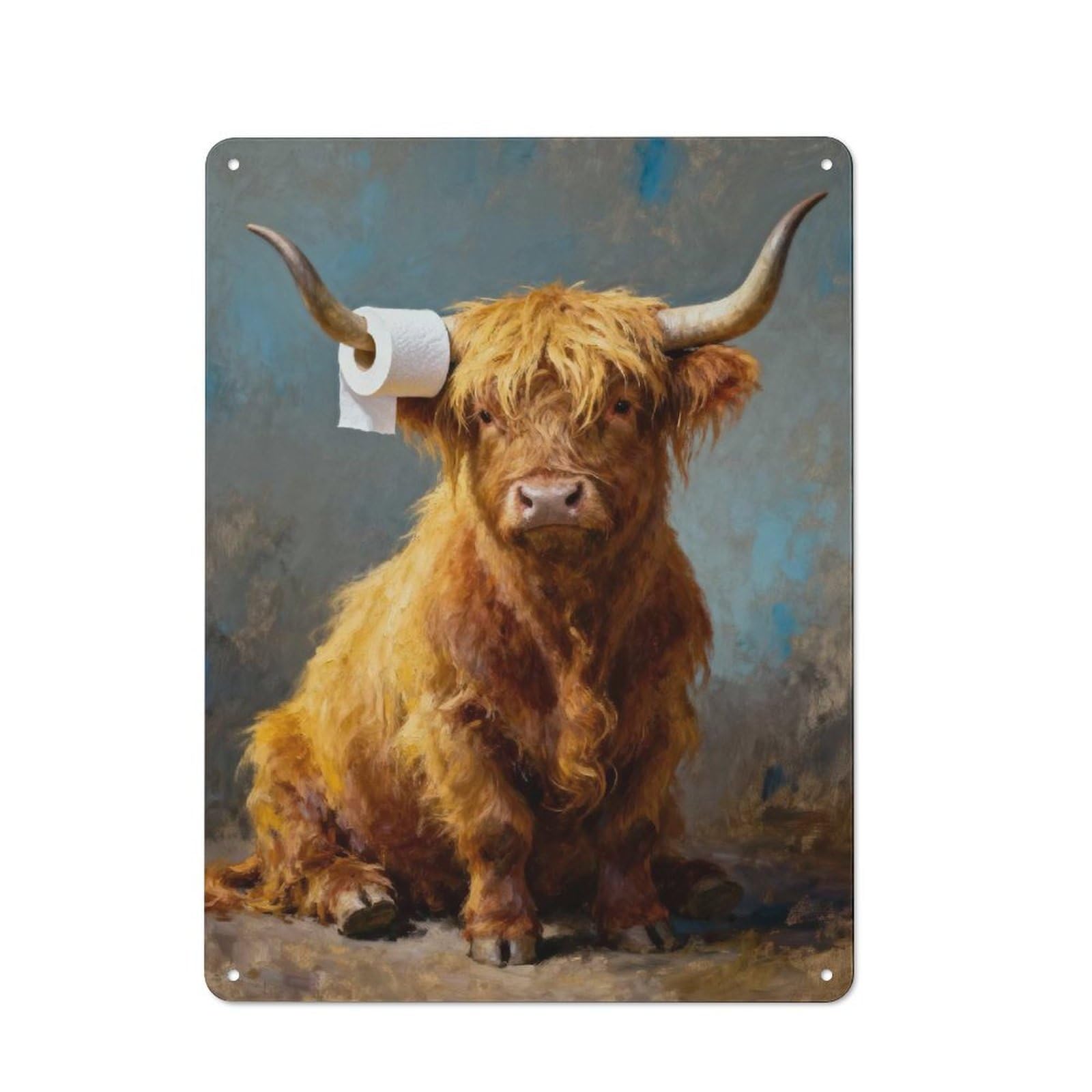 Tin Wall Sign with Highland Cow with Toilet Paper Design 40x30cm, Classic Kitchen Wall Decor for Restaurant, Kitchen, Counter Or Breakfast Nook