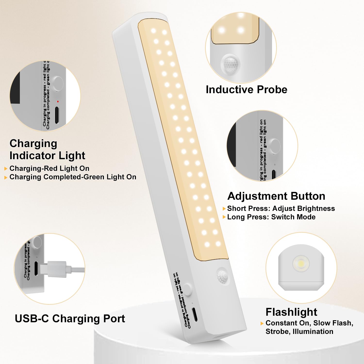 Iluminación LED para gabinete, luz cálida de 8.66 pulgadas, sensor inteligente sin perforaciones, luces recargables para armario, cocina, escalera (6 piezas)