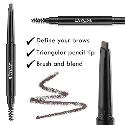 LAVONE Eyebrow Pencil - Makeup Waterproof Brow Pencil with Triangular Tip, Dual-Sided Brow Brush, Precise, Fine Tip, Fills Brows Creates Natural Looking Brow, with Hair Clips - Brown(Deep Brown)