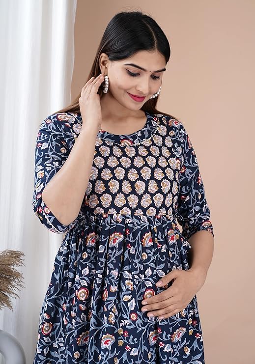 Image of Maternity Feeding Anarkali Kurti Dress for Women | Cotton Nursing Kurta with Both Side Zippers | Pregnancy & Nursing Wear | Comfortable Ethnic