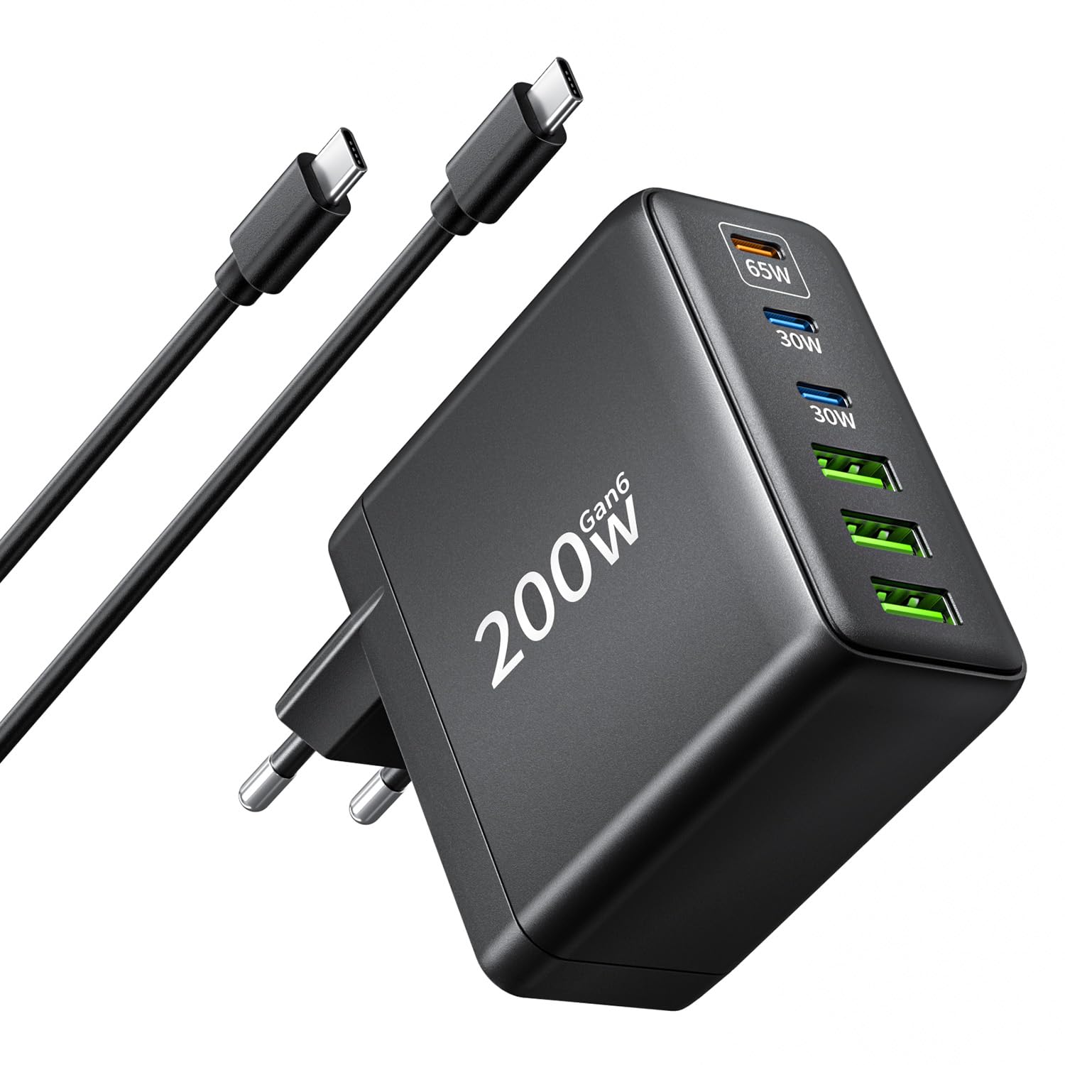 FNITAER 200W USB C Ladegerät, 6 Port Schnellladegerät mit 3 USBC und 3 USBA, GaN Mehrfach Netzteil, PD Charger für MacBook iPad Pro/Air, iPhone 17/16 Series, Samsung usw.