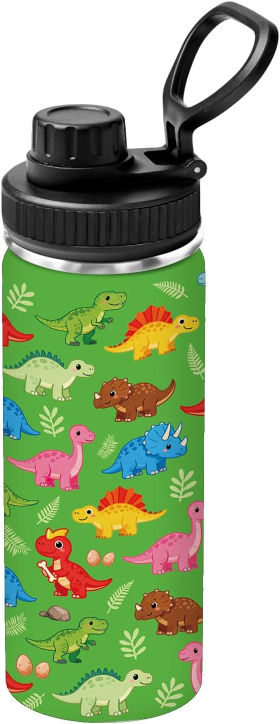 Dinosaur Water Bottle for Son, Stainless Steel Insulated Tumbler for Home with 2 Lids & Handle, Antislip Silicone Boot, 18oz Reusable Leak-proof Bottle for Sports, 1 PCS - Image 2