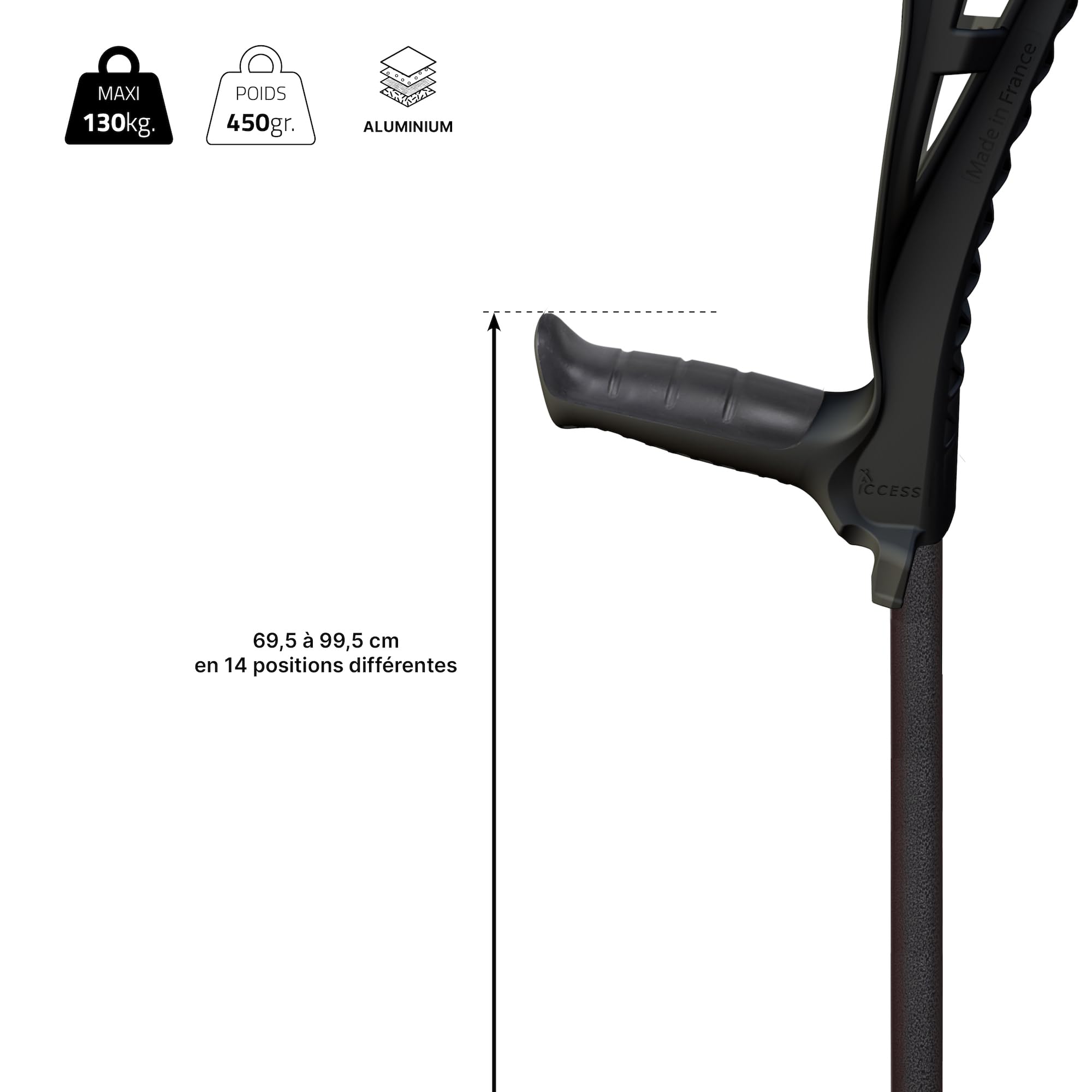 Identités, Béquilles Ultra-Légères en Aluminium SafeWalk, Fabrication Française, Hauteur Réglable, Embout Amortissant, Système d’Accroche Auto-portant, Noir