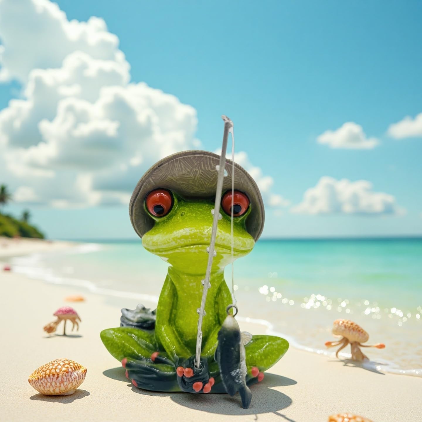 Frog Fishing Decor, Summer Garden Statues, Ocean Beach Decorations, Home Bookshelf Desktop Statues Shelves Bathroom Decorative Ornaments Gift (Frog Fishing) - Image 5