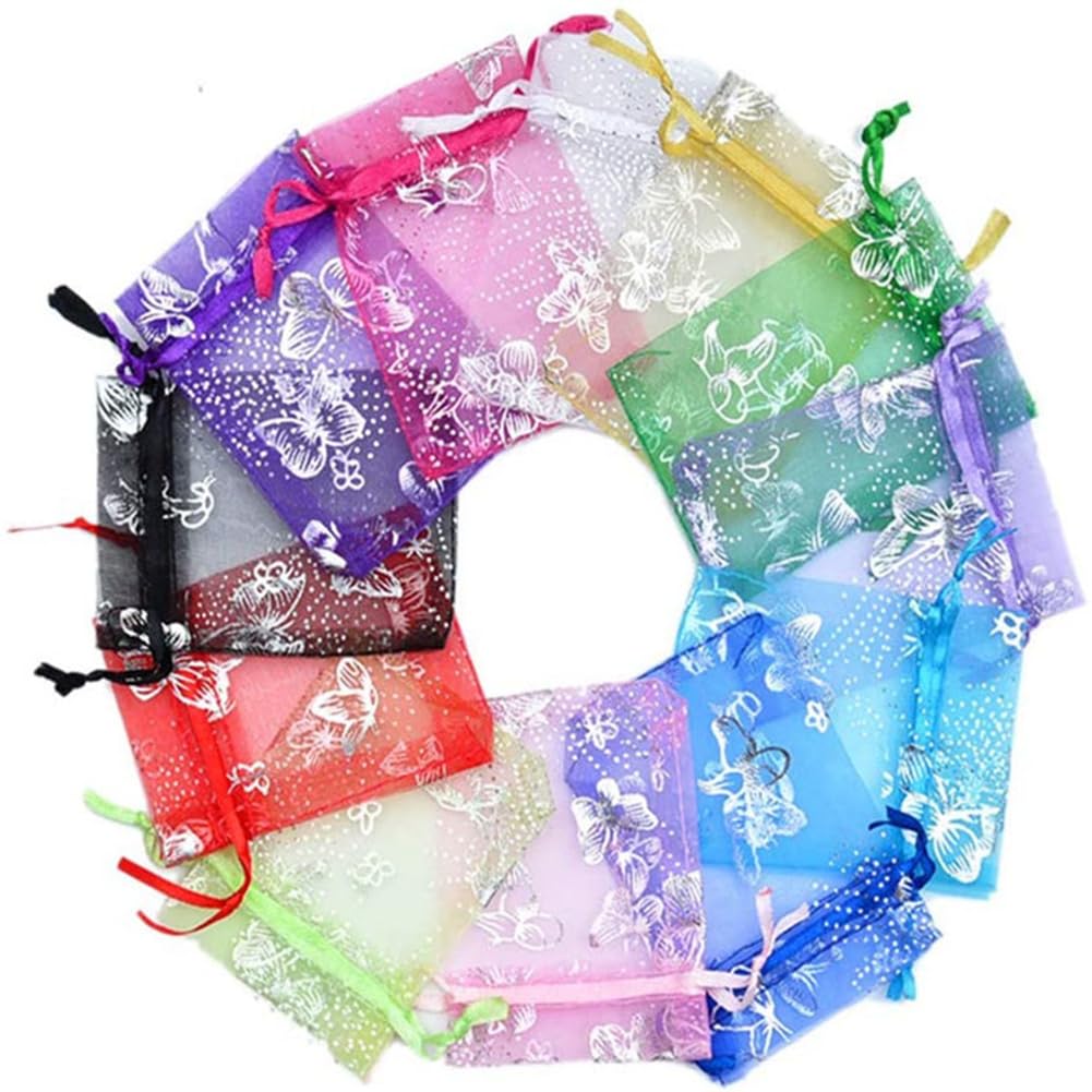 50 Stück Organzasäckchen mit Kordelzug 10×12cm Organzabeutel Schmetterling Muster Organza Geschenkbeutel Tüll Schmuckbeutel Geschenksäckchen für Schmuck Kosmetik Süßigkeiten Mischfarben