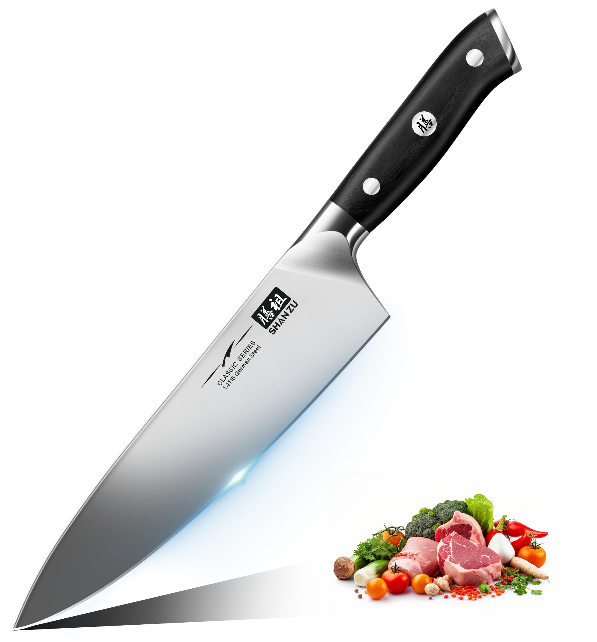 Couteau de Chef SHAN ZU 20cm anti-fatigue avec son manche ergonomique en bois