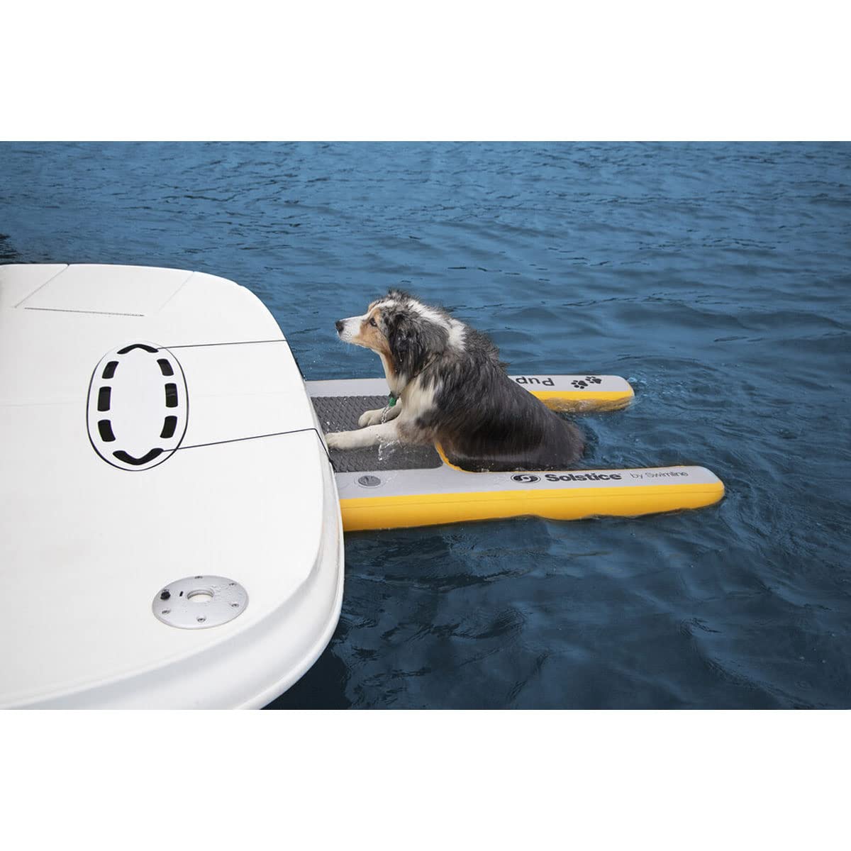 SOLSTICE Piattaforma gonfiabile per cani, per imbarcazioni e banchine, mini, capacità di 13,6 kg, piattaforma galleggiante per animali domestici, per lago, fiume, spiaggia e piscina, con pompa, design