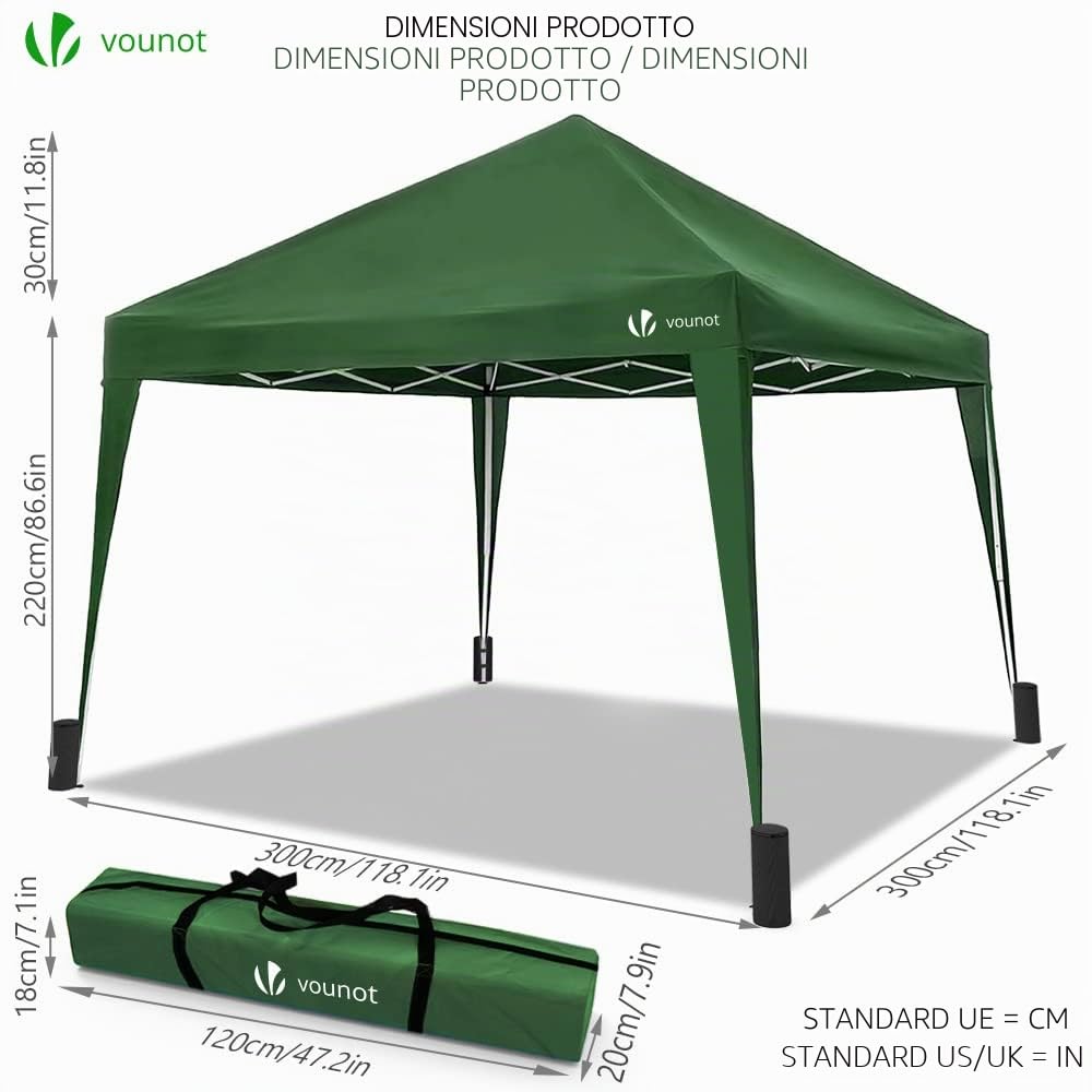 VOUNOT® Gazebo Pieghevole da Giardino 3x3 M Tenda Pop Up con 4 Sacchi di Sabbia e Sacca Trasporto Verde