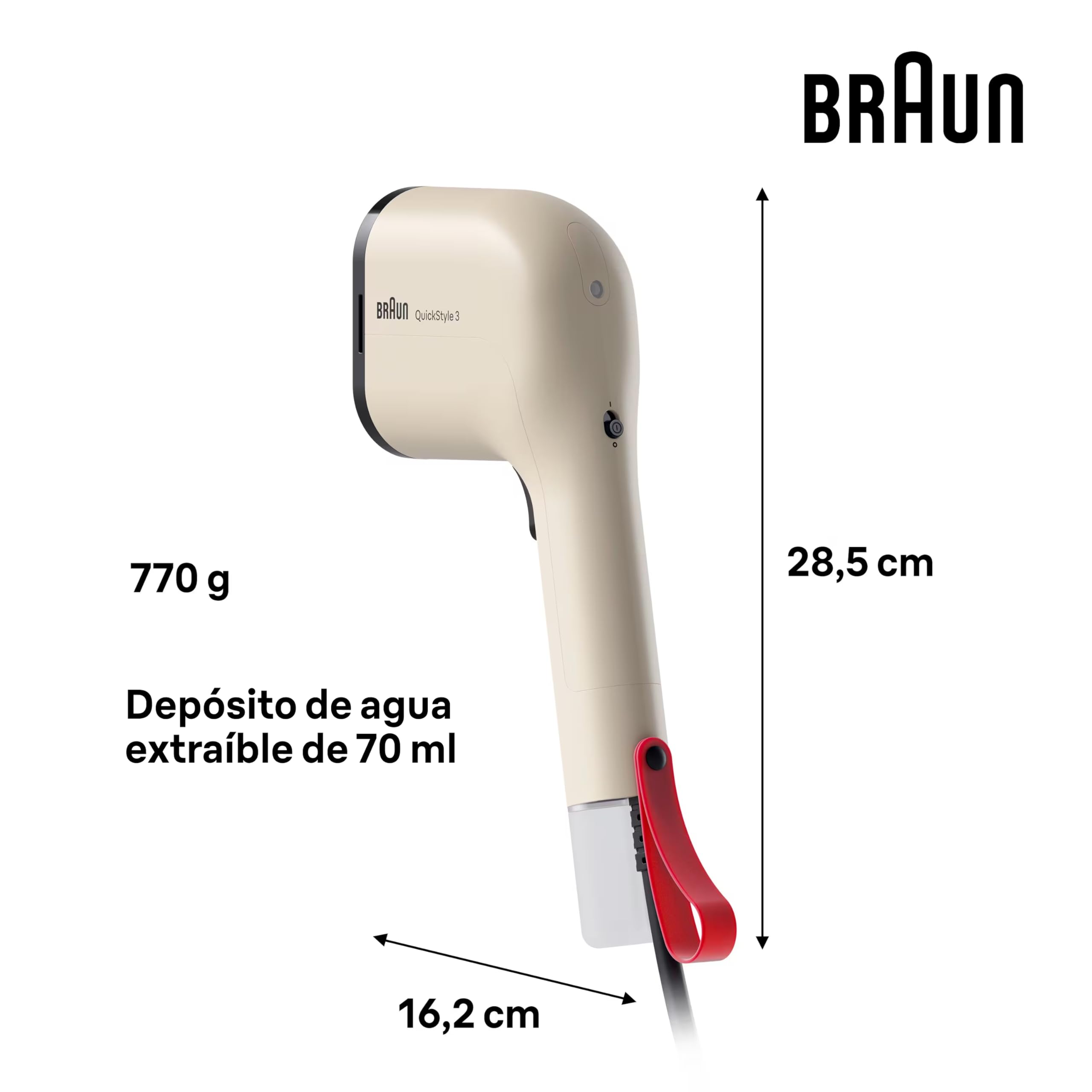 Braun QuickStyle 3 - Plancha de Vapor Vertical Compacta y Ligera con Calentamiento Rápido, Vapor 20g/min, Depósito Extraíble 70ml, Funda Resistente al Calor, Beige (GS3012BG)