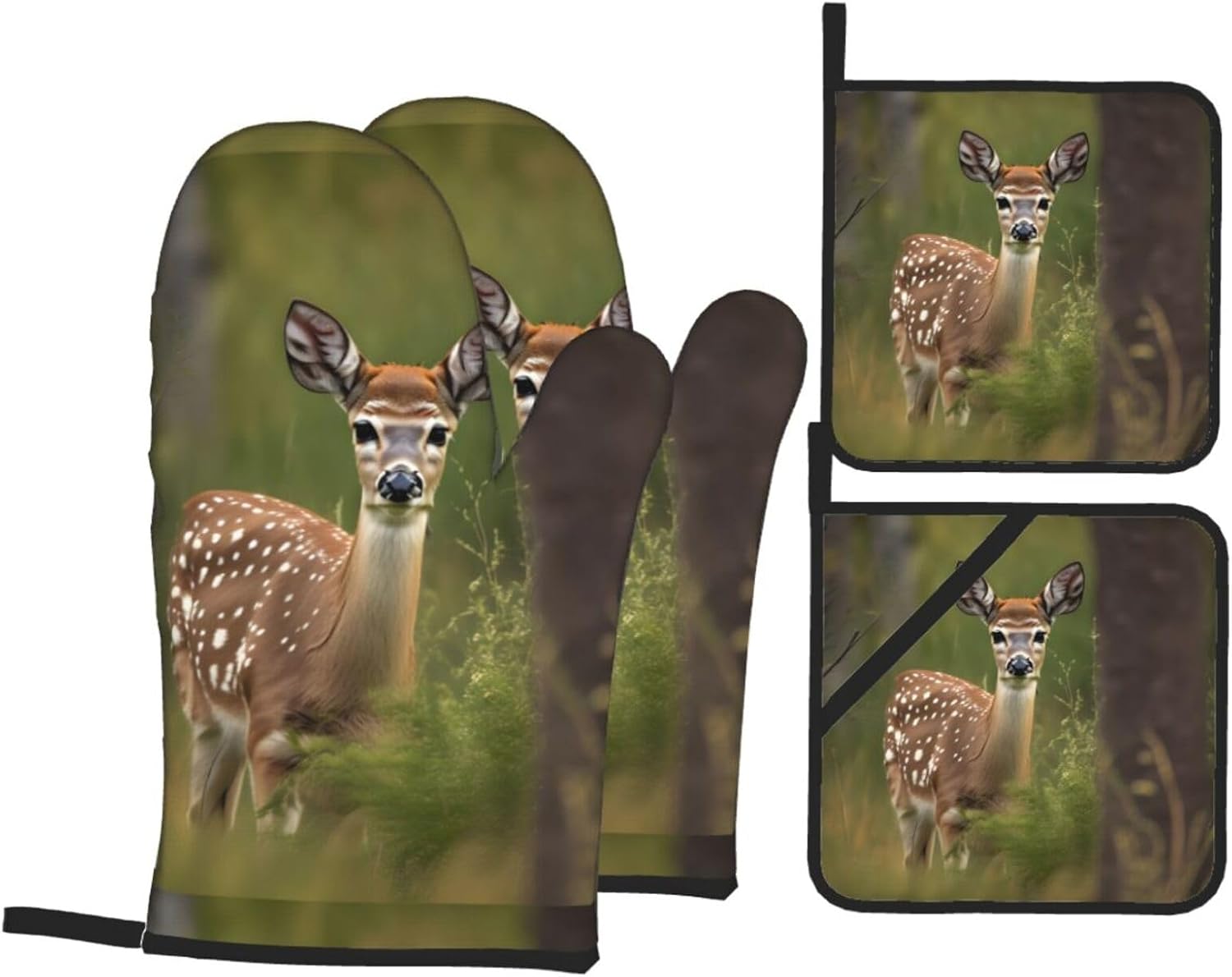 Whitetail Deer Fawn in Wilderness Stag Kitchen baking four piece set, fit for cooking and baking, oven, microwave, and outdoor barbecue