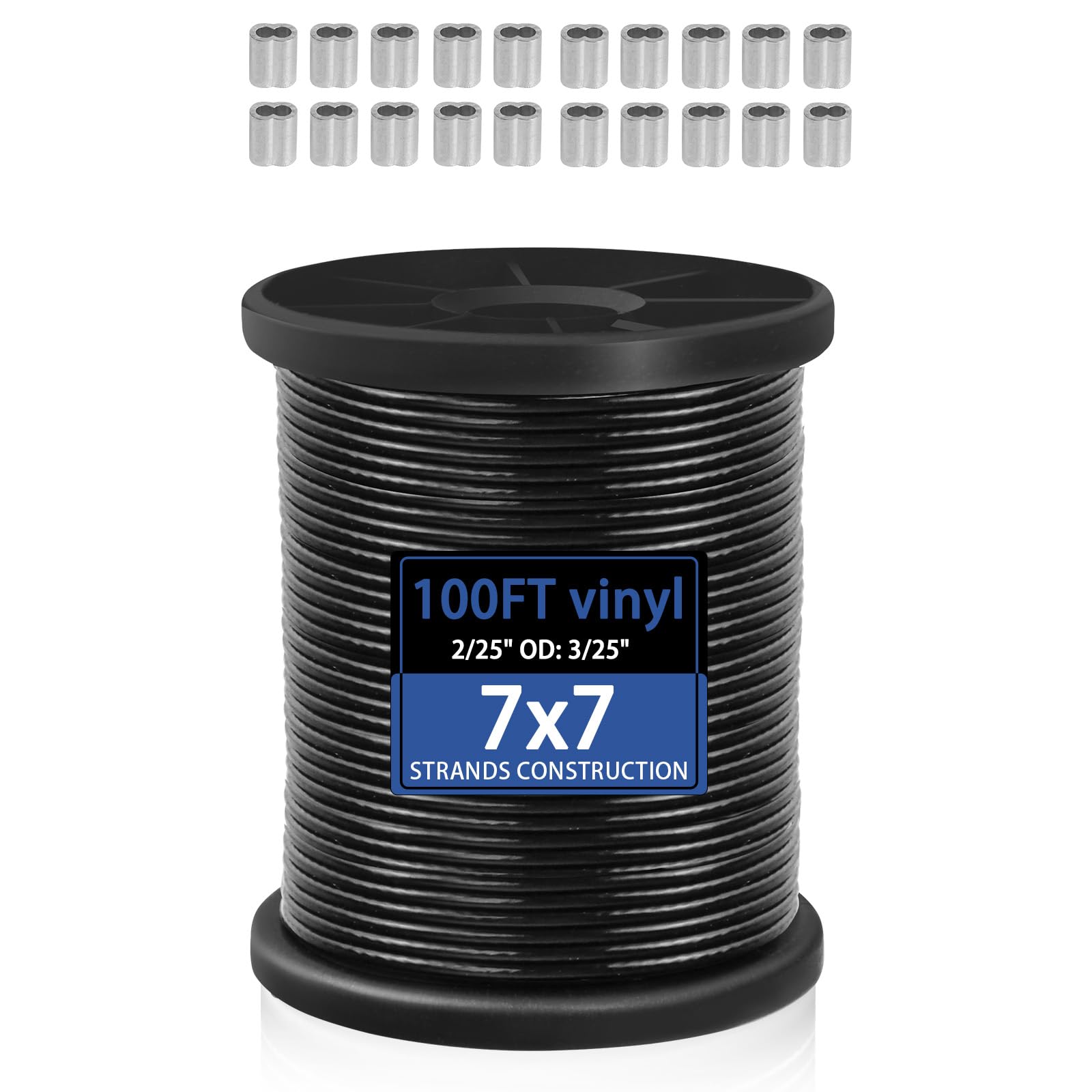 DBHXXMB-HH Black Vinyl Coated Wire Rope Stainless Steel Cable Wire Rope for Indoor Outdoor Cable Railing Stair Deck Fencing 7x7 Strand DIY Balustrade Hanging (1, Black, od:1/25" id:1/12 100FT)