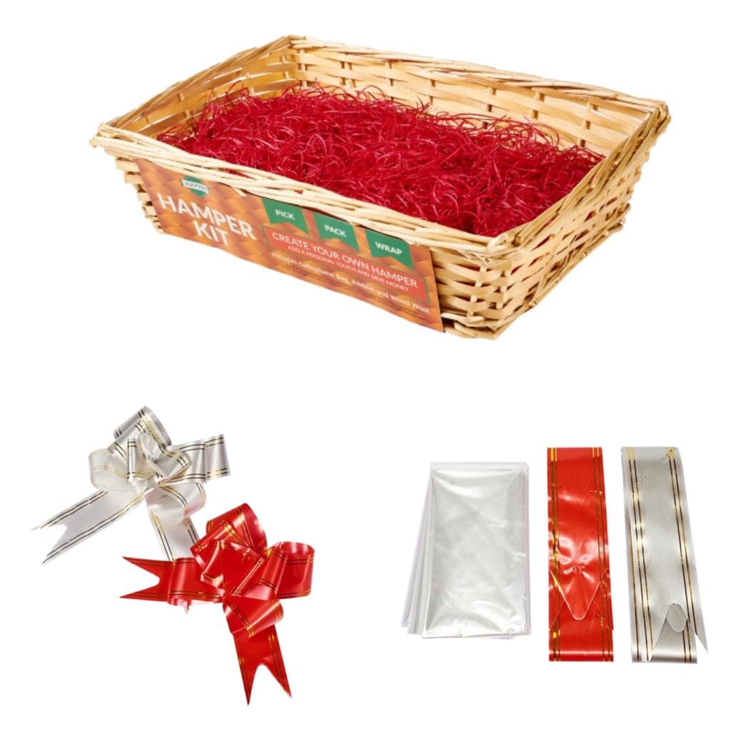 ADEPTNA Premium Wicker Gift Hamper Create your Own Festive Present – Includes Smooth Rectangle Basket Ribbon Wood Wool and Cellophane Beg (NATURAL)