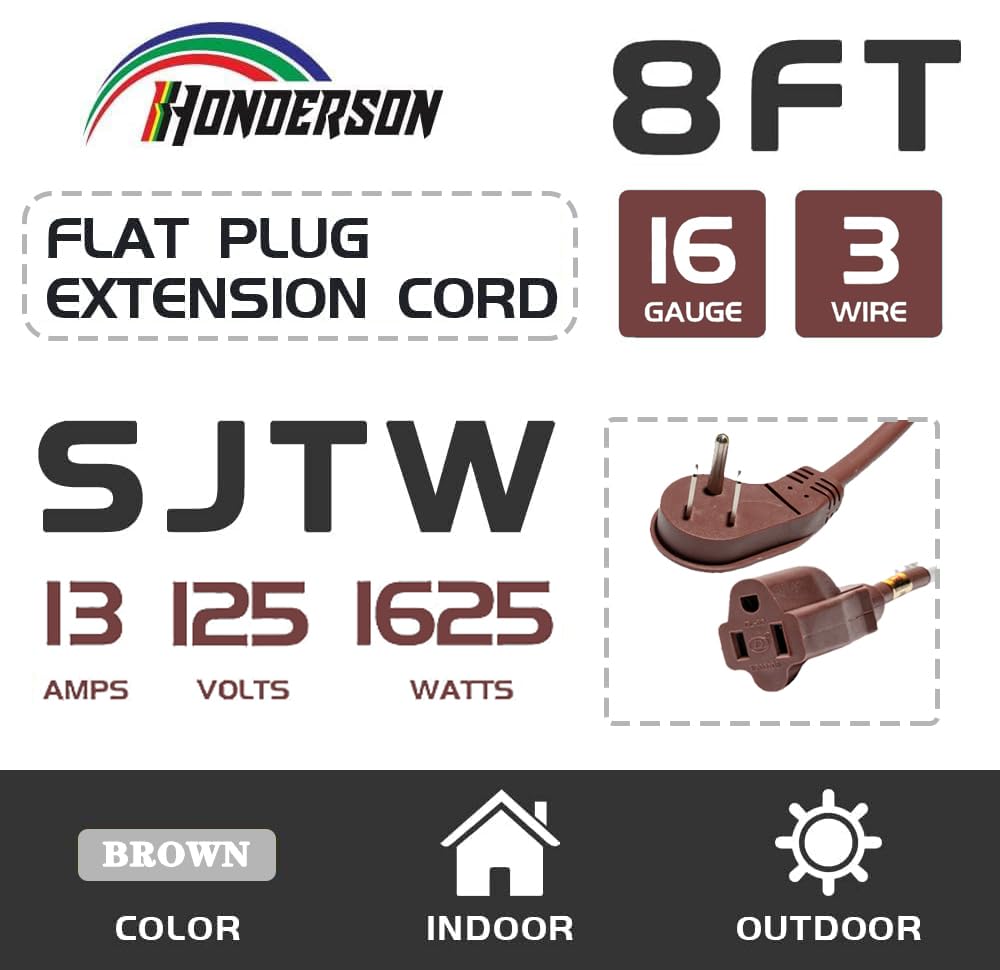 Cable de extensión de 8 pies, enchufe plano de 3 clavijas, cable de extensión corto de calibre 16, color café para electrodomésticos, certificado UL