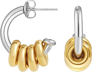 18K Gold Plated Hoop Earrings Stainless Steel Hypoallergenic Earrings Gold and Silver Two Tone Cuff Earring Hanging Round Pendant Statement Earrings for Women