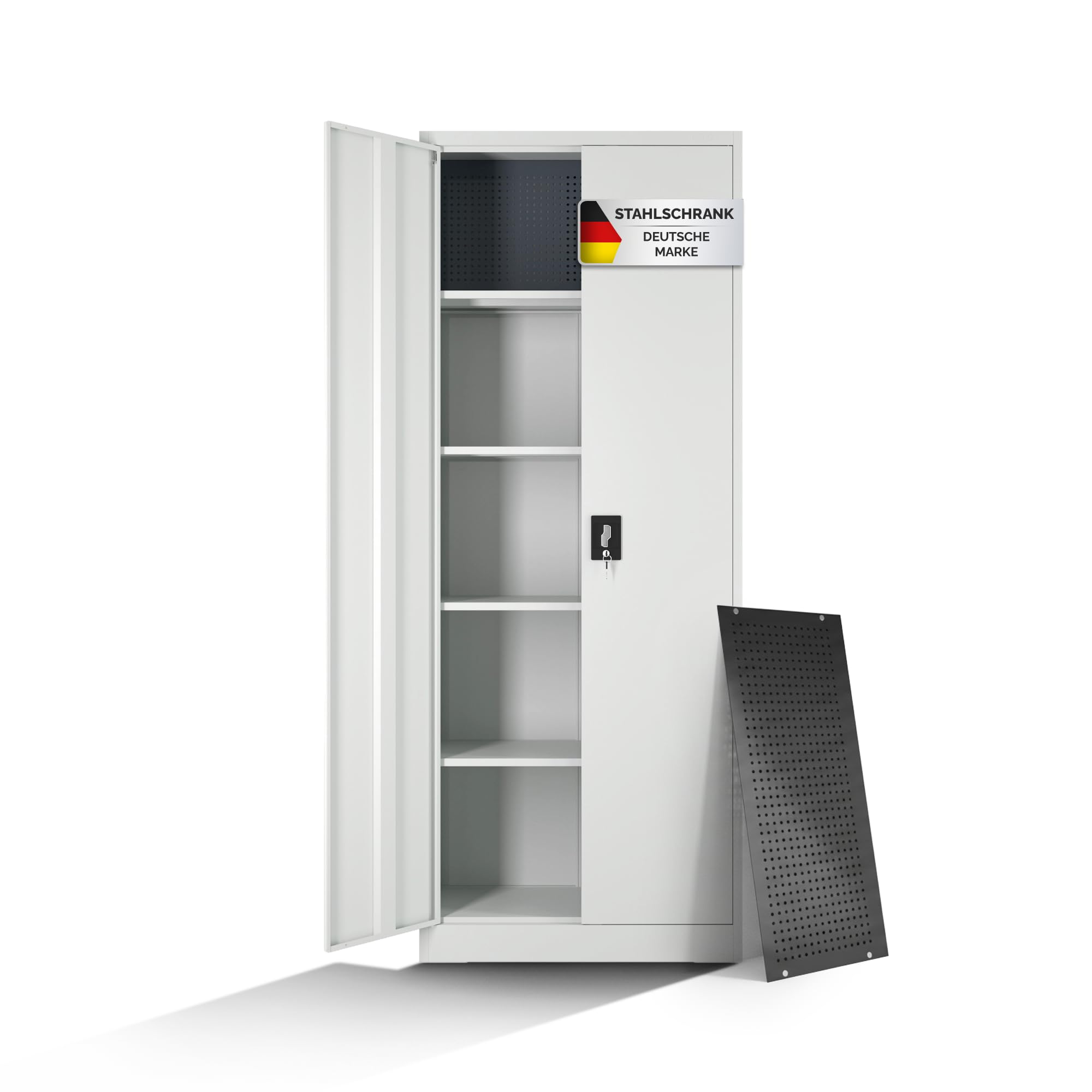 Aktenschrank – Metallschrank, Büroschrank mit Schloss & Steckwand – Werkzeugschrank, Aufbewahrungsschrank mit stabilem Stahlgehäuse & Magnettüren – Mehrzweckschrank für Büro, Werkstatt, Garage (Grau)