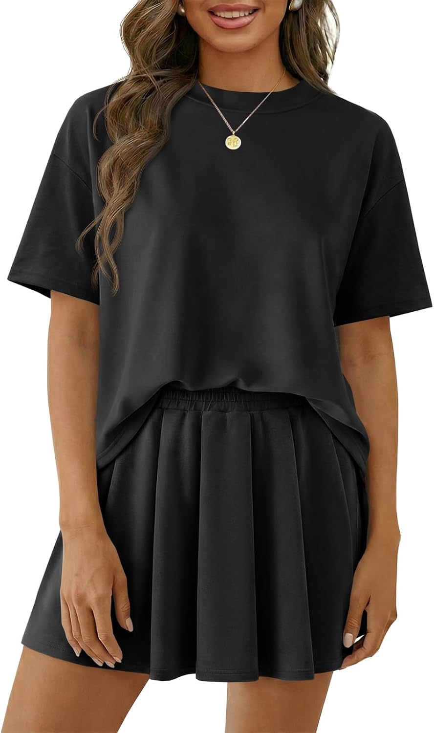 Wenrine Women 2 Piece Short Sets Casual Skort Summer Lounge Set with Pocket | Breathable Fabric, Soft Skin-friendly, Loose Fit, High Waist, Elastic Waist, Crewneck, Pleated Hem, Inner Liner, Solid Color