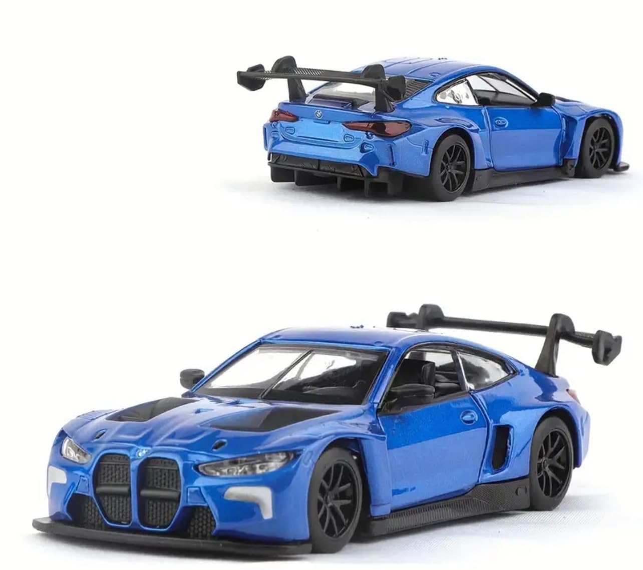 M4 GT3 Diecast Model Car, 1:44 Scale, Blue Racing Edition with Rear Wing