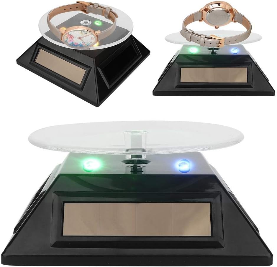 Solar Energy Turntable Display, Motorized 360 Degree Rotating Display with LED Light for Jewelry Watch, Ring, Phone, Glass, Collectibles, Models
