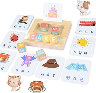 Vcumter Wooden Educational Toys for 3 4 5+ Year Olds Gifts, Spelling Games Learning Matching Letter Games Montessori Toys with Flash Cards Preschool Language Learning Memory Game