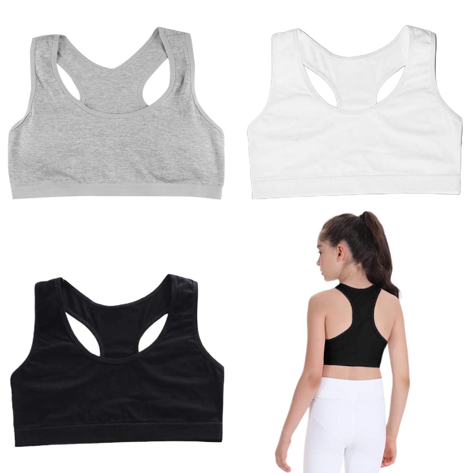 3 Pezzi Reggiseno Top Bimba Bambina Brassiere, Intimo Senza Ferretto, Canottiere Corte Reggiseni Bustier per Ragazze, Sportivi in Cotone Bambina Ragazza Sportivi per Bambine(Bianco Nero Grigio)