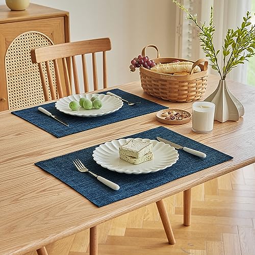Softalker Faux Linen Placemats Set of 4-12 x 18 Inch, Heat Resistant Double Layered Durable Burlap Farmhouse Place Mats, Non-Slip Washable Rustic Table Mats for Dining, Kitchen, Party(Navy Blue - Image 3