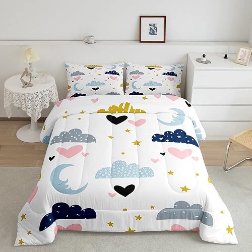 Miniatura 1 de Juego de edredón Kawaii con 2 fundas de almohada, juego de ropa de cama de luna y estrellas, nube, tamaño Queen para niños y niñas, edredón de