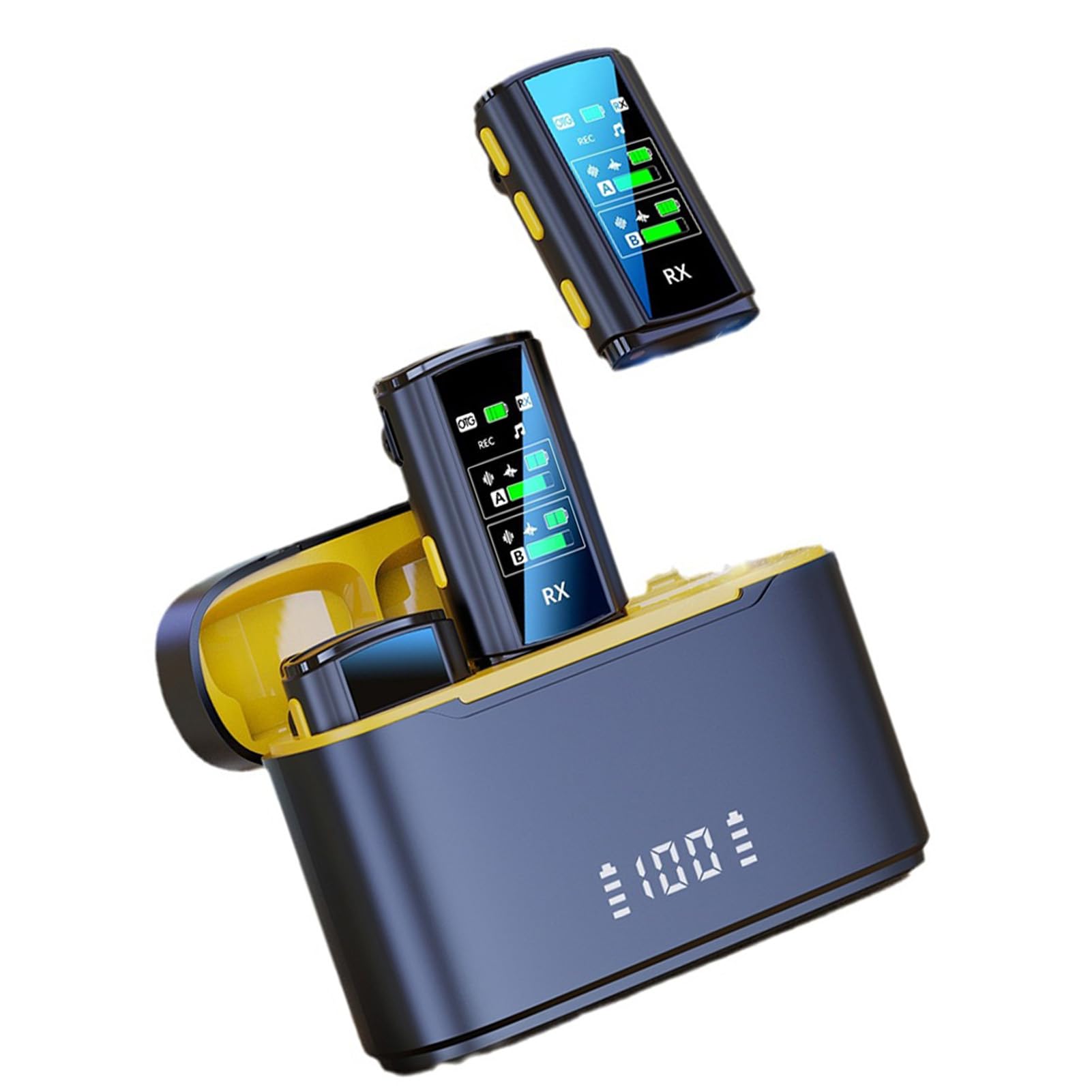 HUIOP Bezprzewodowy mikrofon z wyświetlaczem cyfrowym etui ładujące z redukcją szumów, podwójny mikrofon z klipsem, Plug and Play, 2,4 G chip dwurdzeniowy, mini mikrofon do telefonu