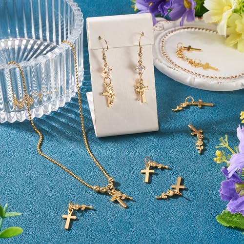 Image of 10Pcs 18K Gold Plated Cross Charms Brass Golden Crucifix with Rose Flower Pendants Permant Metal Jewelry Charms with Jump Ring for DIY Bracelet Necklace Earring Jewelry Making