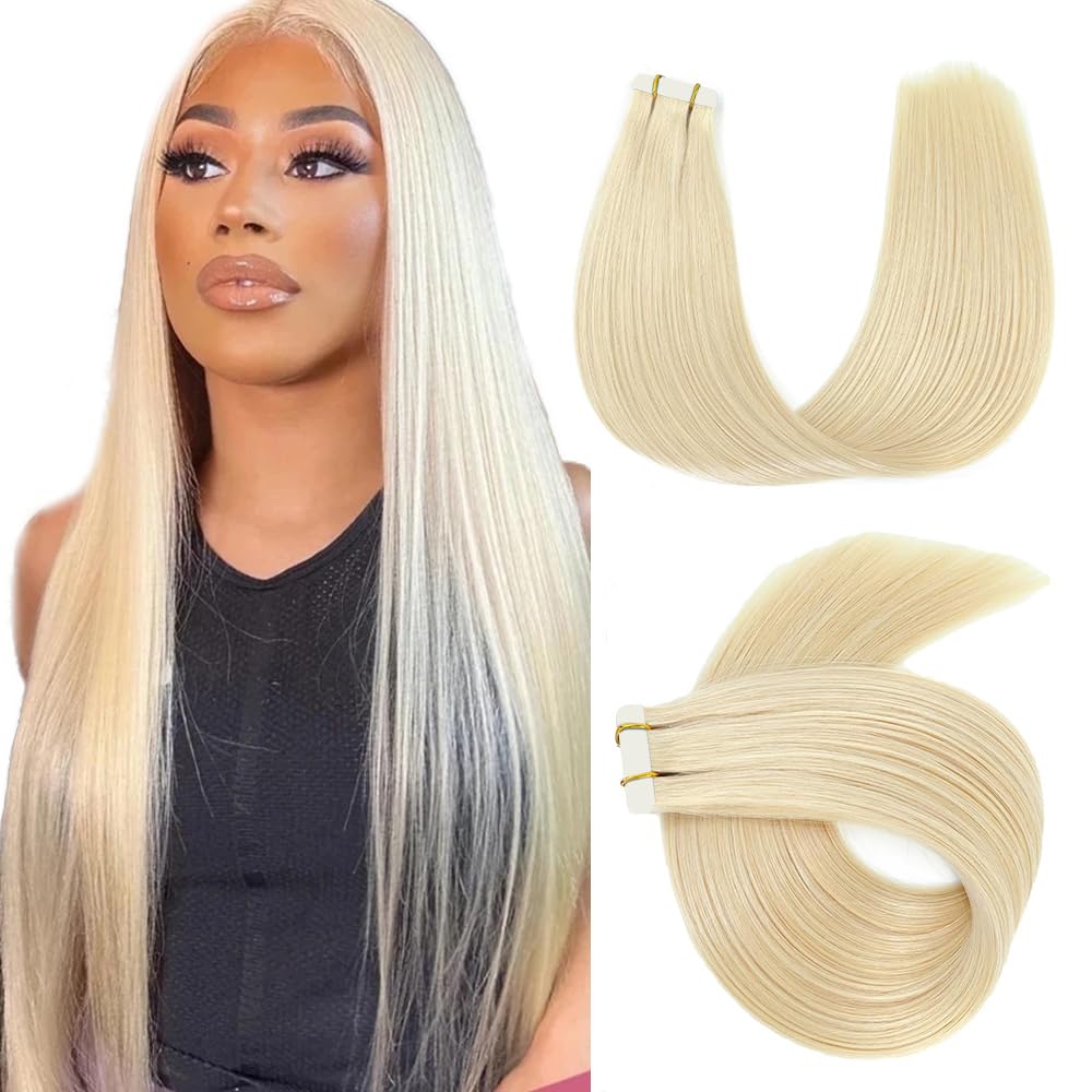 Photo 1 of #613 Blonde Tape in Hair Extensions Human Hair,Blonde ColorStraight Remy Human Hair Extensions,14 Inch 45g 10 Pcs,Skin Weft Seamless Invisible, Silky Straight with Thick Ends, Remy Human Hair