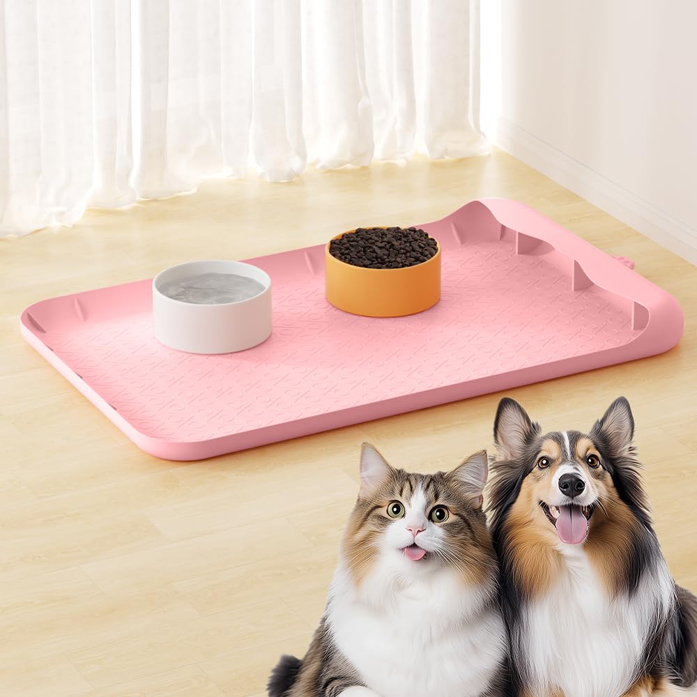 Silicone Pet Food Mat 18''x12'' Waterproof Non Slip Feeding Mat for Dog Bowls and Cat Food and Water Bowls Multi Functional Easy to Clean Travel Camping Essential Silicone Mat for Pet Dining Pink