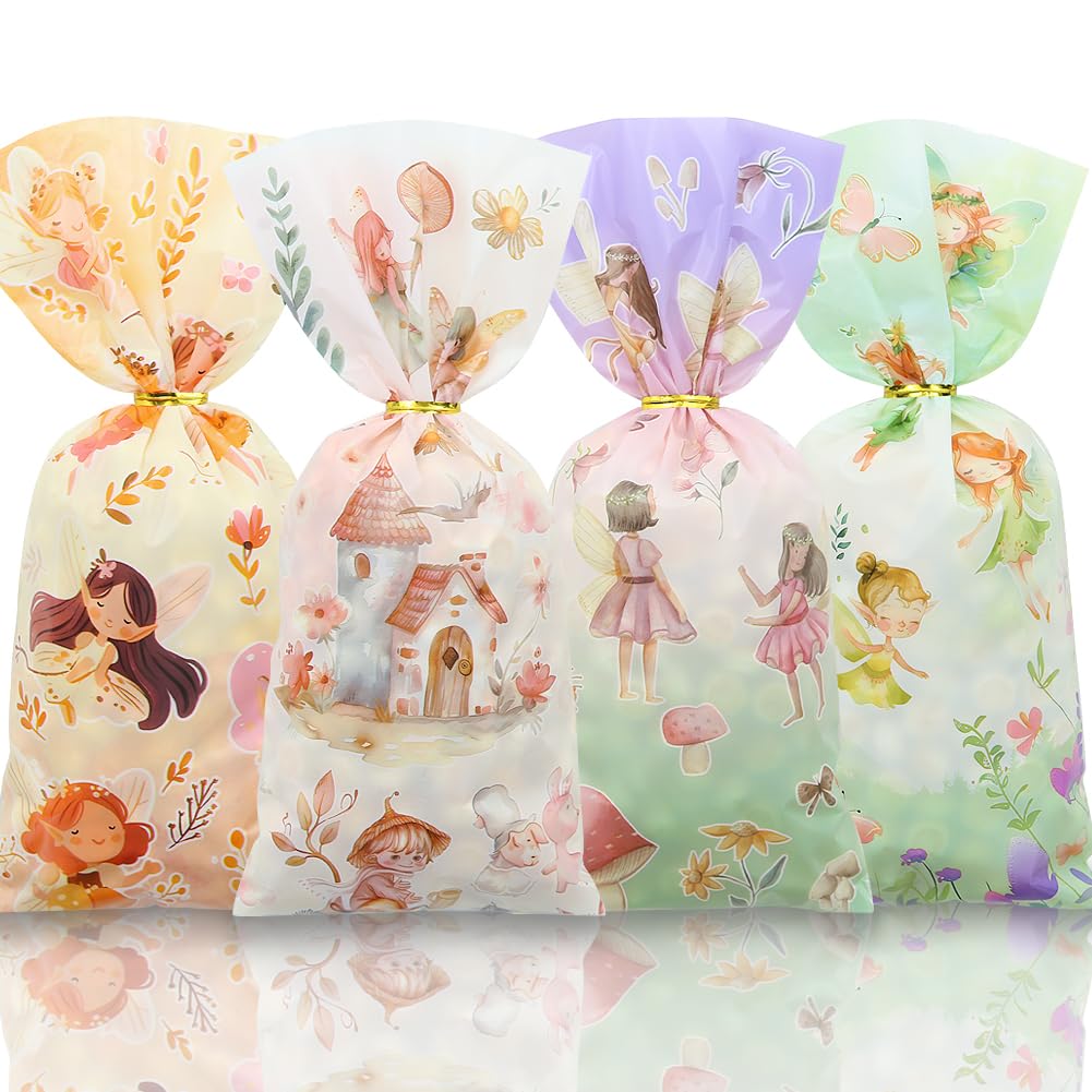 Fairy Candy Treat Bags, 50 Pcs Goodie Bags, 4 Style Beautiful Floral and Fairy Motifs Cellophane Gift Bags with Gold Twist Ties